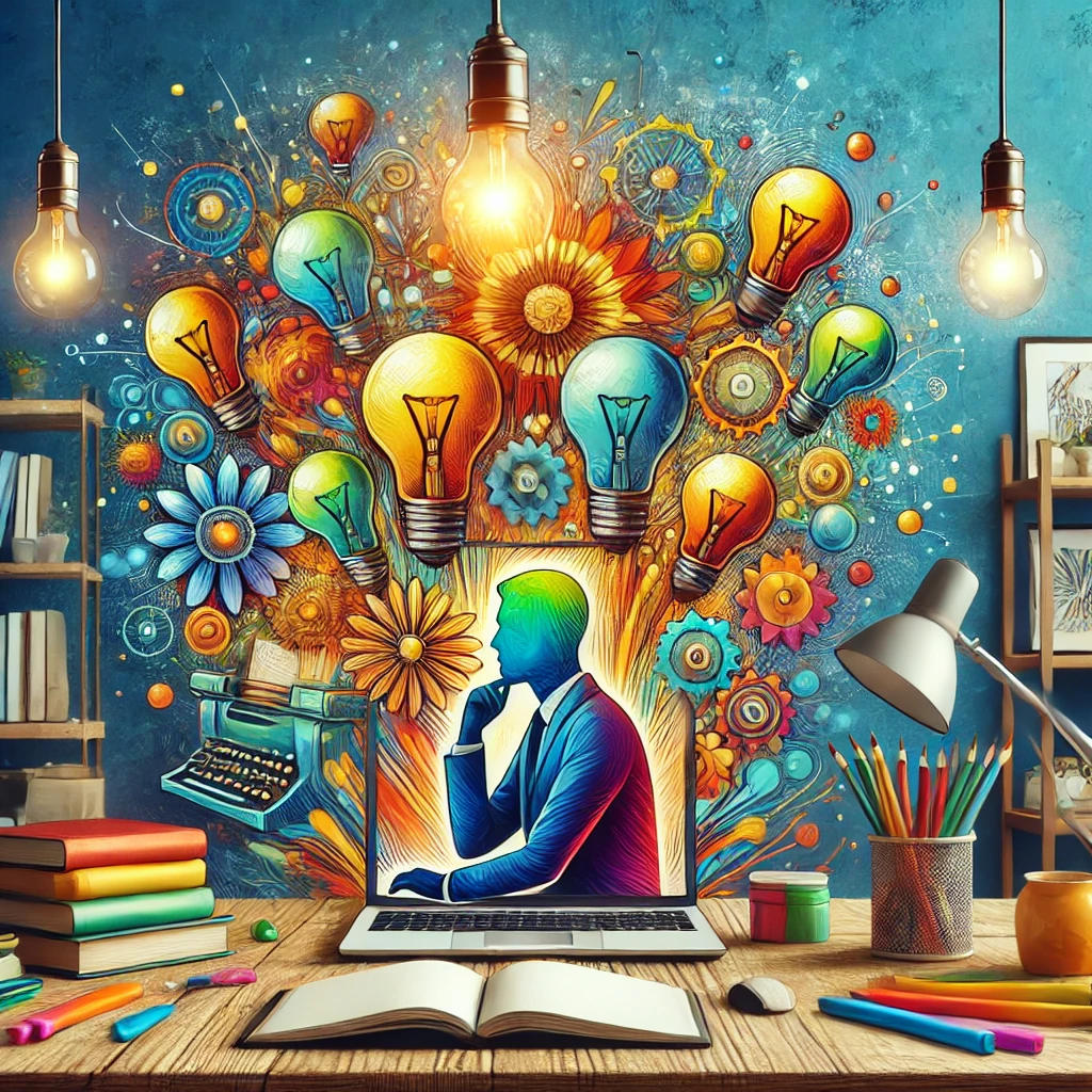 Ilustrasi kreatif seseorang sedang brainstorming dengan lampu-lampu ide berwarna-warni, buku, dan laptop di meja kerja modern