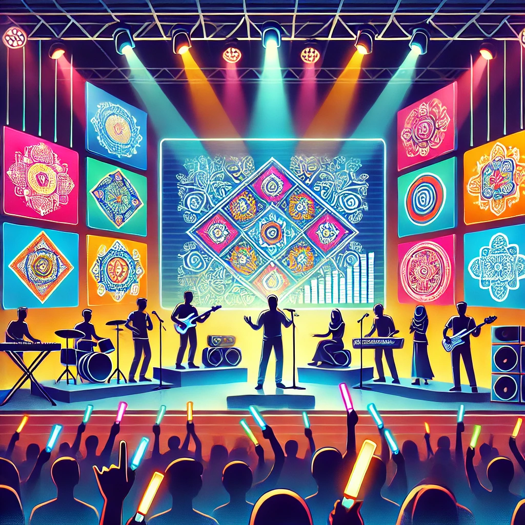 Ilustrasi modern dari pertunjukan live Dangdut 2025 dengan panggung teknologi tinggi, layar LED, dan penonton energik