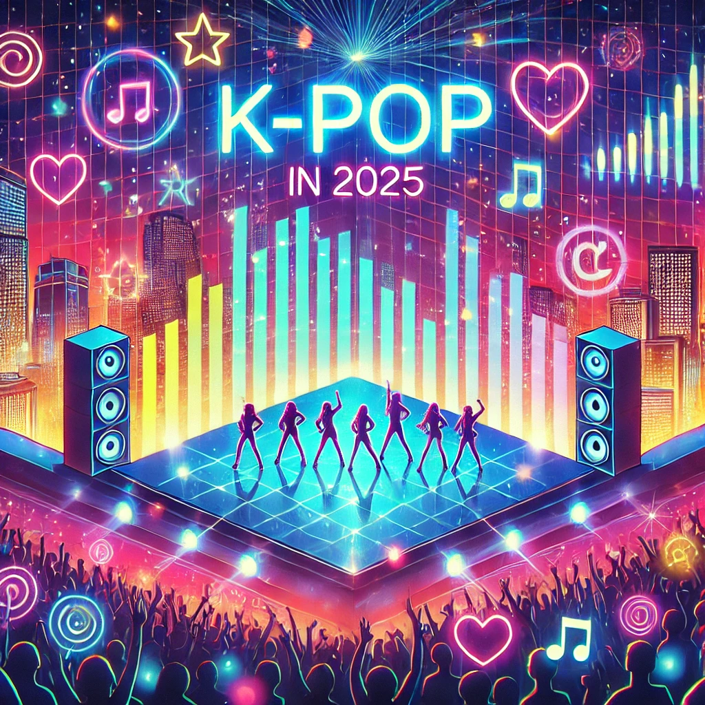 Ilustrasi grup K-Pop tampil di atas panggung dengan cahaya neon, simbol musik, dan latar futuristik