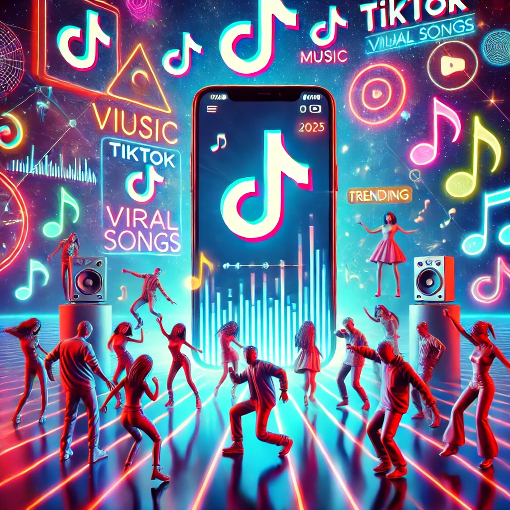 Ilustrasi lagu TikTok viral di tahun 2025 dengan smartphone, not musik, dan kreator yang sedang menari