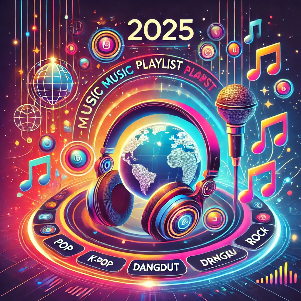 Ilustrasi playlist musik futuristik 2025 dengan headphone modern, layar playlist bercahaya, berbagai genre musik (Pop, K-Pop, Dangdut, Rock), dan not musik yang melayang di sekitar dengan latar belakang neon