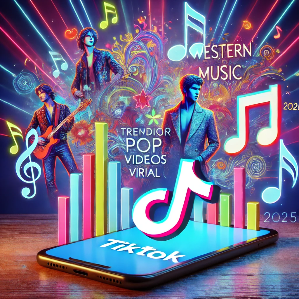 Ilustrasi musik Pop Barat viral di TikTok dengan smartphone menampilkan aplikasi TikTok dan elemen musik bercahaya