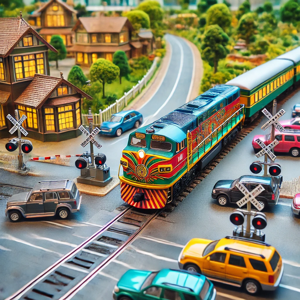 Kereta api miniatur melintasi perlintasan di dunia miniatur dengan detail yang menakjubkan."