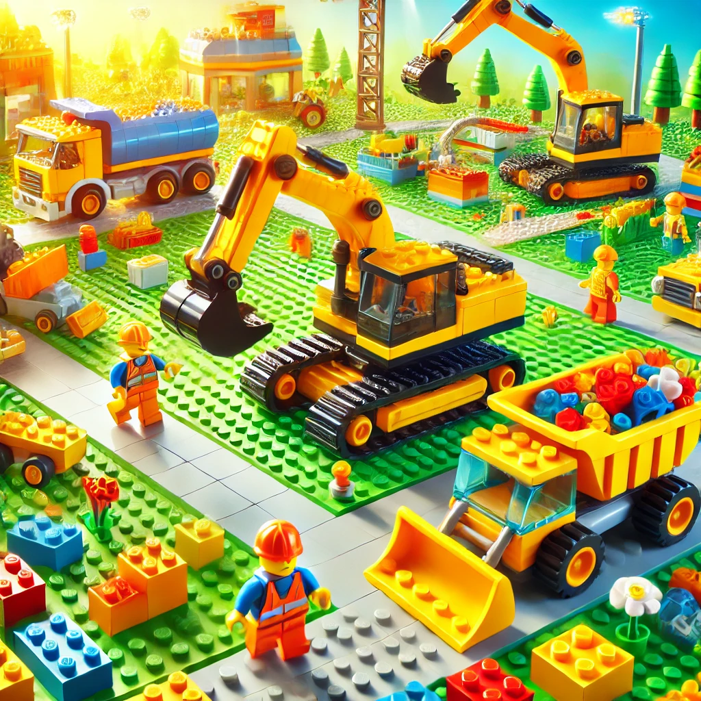 Lego excavator, truk, dan buldozer dalam aksi konstruksi miniatur untuk anak-anak