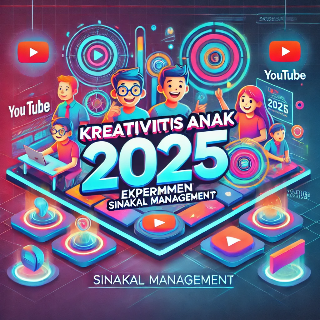 Desain promosi futuristik untuk eksperimen YouTube anak-anak 2025 oleh SiNakal Management, menampilkan elemen ceria dan modern